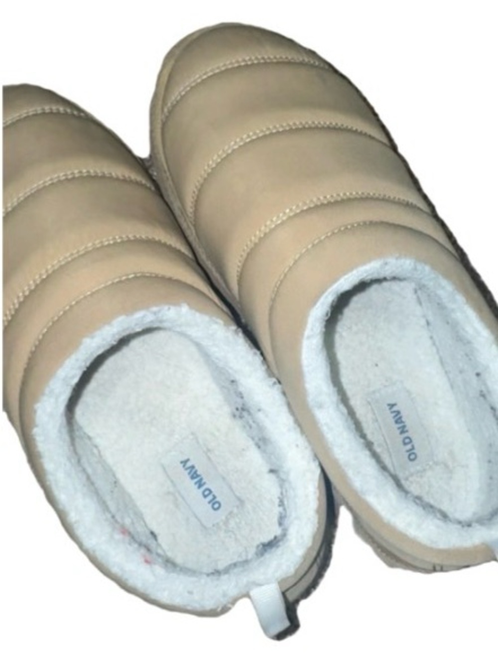 Old Navy Tan Quilted Slip-On Puffer Slippers with White Fleece